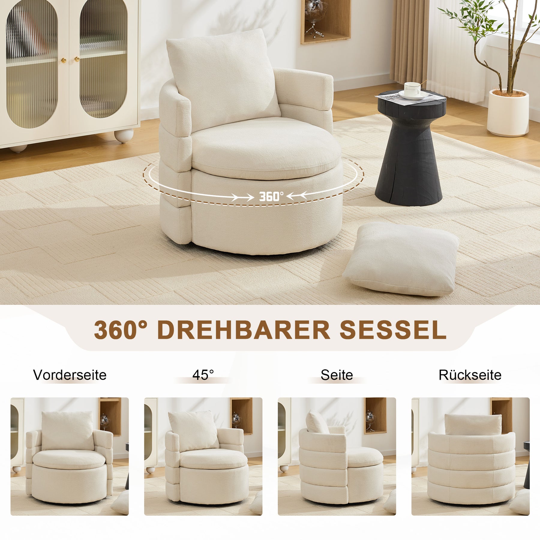 SONNI Drehsessel 360° drehbar mit Stauraum, moderner Chenille Polstersessel mit bequemem Rückenkissen, 72 x 66,5 x 76 cm