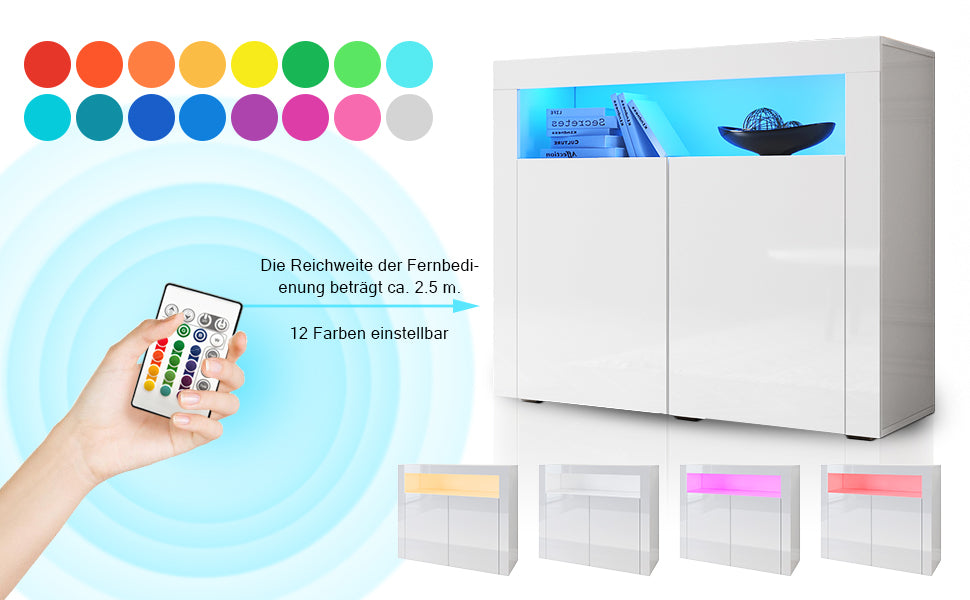 SONNI Kommode Sideboard mit LED Beleuchtung Weiß Hochglanz Wohnzimmermöbel Wohnzimmerschrank Standschrank
