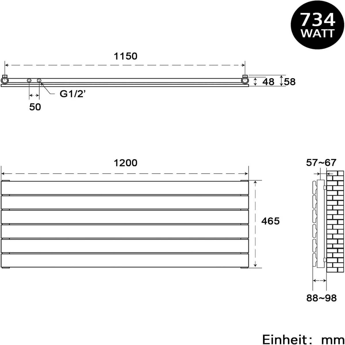 SONNI Design Heizkörper flach horizontal Flachheikörper für Bad Seitenanschluss Badheizkörper 465*1200mm Weiß ohne/mit Mutiblock