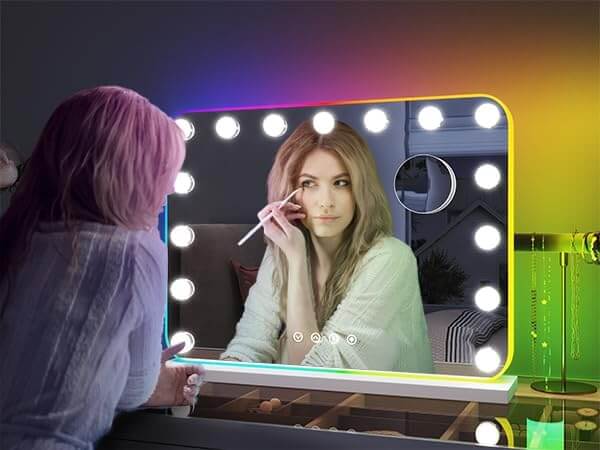 SONNI 58x43cm Hollywood Spiegel mit RGB Beleuchtung Schminkspiegel mit 3 Farbtemperatur Licht und 10X Abnehmbare Lupe, Bluetooth, Wandmontiert oder Freistehend - Sonni Sanitär GmbH