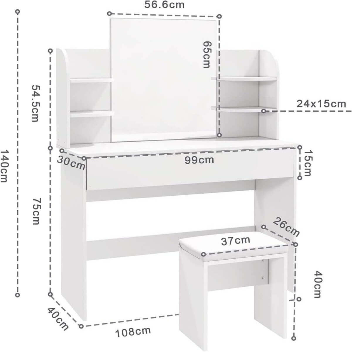 SONNI Schminktisch mit Spiegel und Hocker,4 Ablagen Frisiertisch mit Led Beleuchtung Schubladen 108 x 40 x 140 cm Weiß