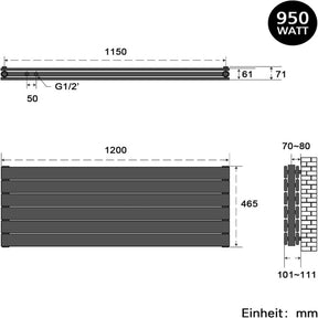 SONNI Design Heizkörper flach horizontal Flachheikörper für Bad Seitenanschluss Badheizkörper 465*1200mm Anthrazit ohne/mit Mutiblock