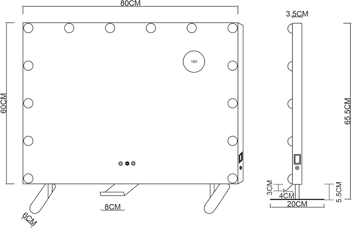 SONNI  Hollywood Schminkspiegel, 80x60cm, Schminktisch Spiegel mit 3 Lichtmodi und 14 Licht Dimmbar, LED Tischspiegel mit Handyhalter und USB, 10X Vergrößerung, Smart Touch Steuerung - Sonni Sanitär GmbH