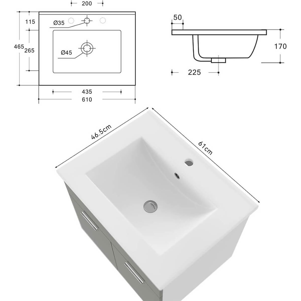 SONNI Badmöbel Set mit Waschbecken mit Unterschrank und Spiegel Badezimmermöbel 2-teilig 60cm Hochglanz Grau