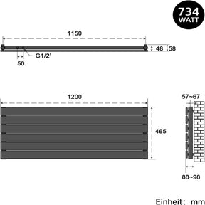 SONNI Design Heizkörper flach horizontal Flachheikörper für Bad Seitenanschluss Badheizkörper 465*1200mm Anthrazit ohne/mit Mutiblock