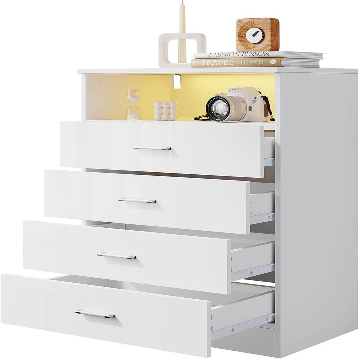 SONNI Kommode, mit 4 Schubladen, 1 offener Schubladen, Weiß Sideboard mit einstellbarem LED, Hochglanz Möbel Schränke