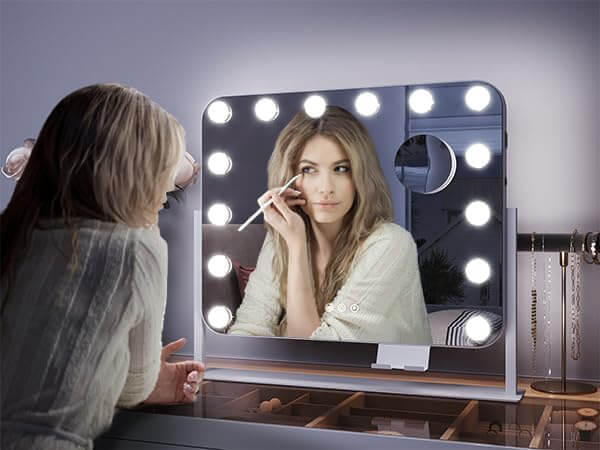 SONNI  Hollywood Schminkspiegel, 360°drehbarer Schminktisch Spiegel mit 3 Lichtmodi und 14 Licht Dimmbar, mit Handyhalter und USB, 10X Vergrößerung, Smart Touch Steuerung 50x40cm - Sonni Sanitär GmbH