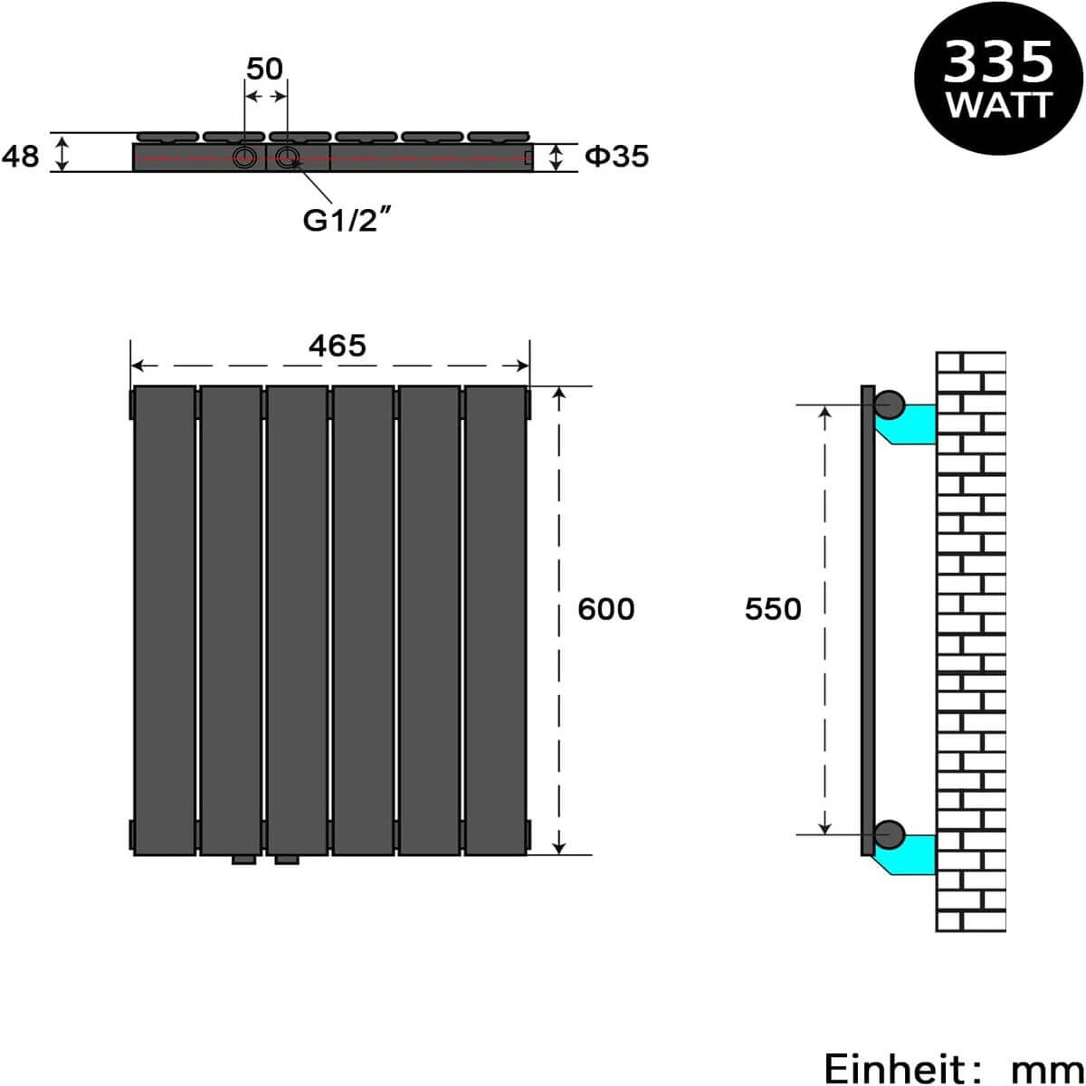 SONNI Design Heizkörper flach und klein für Badezimmer, vertikaler Badheizkörper flach Paneelheizkörper für Bad Flachheizkörper  600*465mm  Antrazit ohne/mit Mittelanschluss