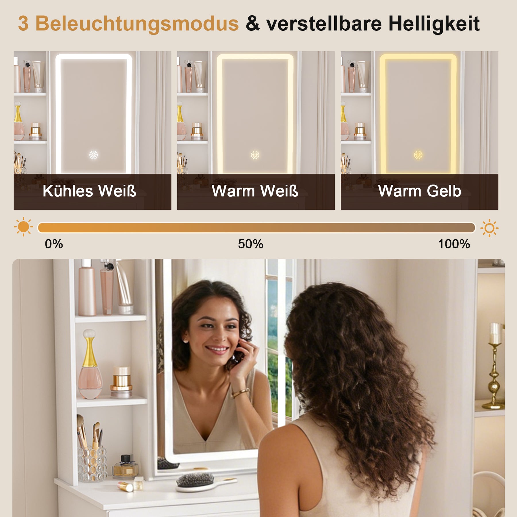 SONNI modernes minimalistisches Schminktisch Set mit dimmbarem LED Spiegel verstecktem Stauraum inkl gepolstertem Hocker Weiß 60× 36×131 cm