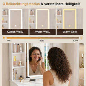 SONNI modernes minimalistisches Schminktisch Set mit dimmbarem LED Spiegel verstecktem Stauraum inkl gepolstertem Hocker Weiß 60× 36×131 cm
