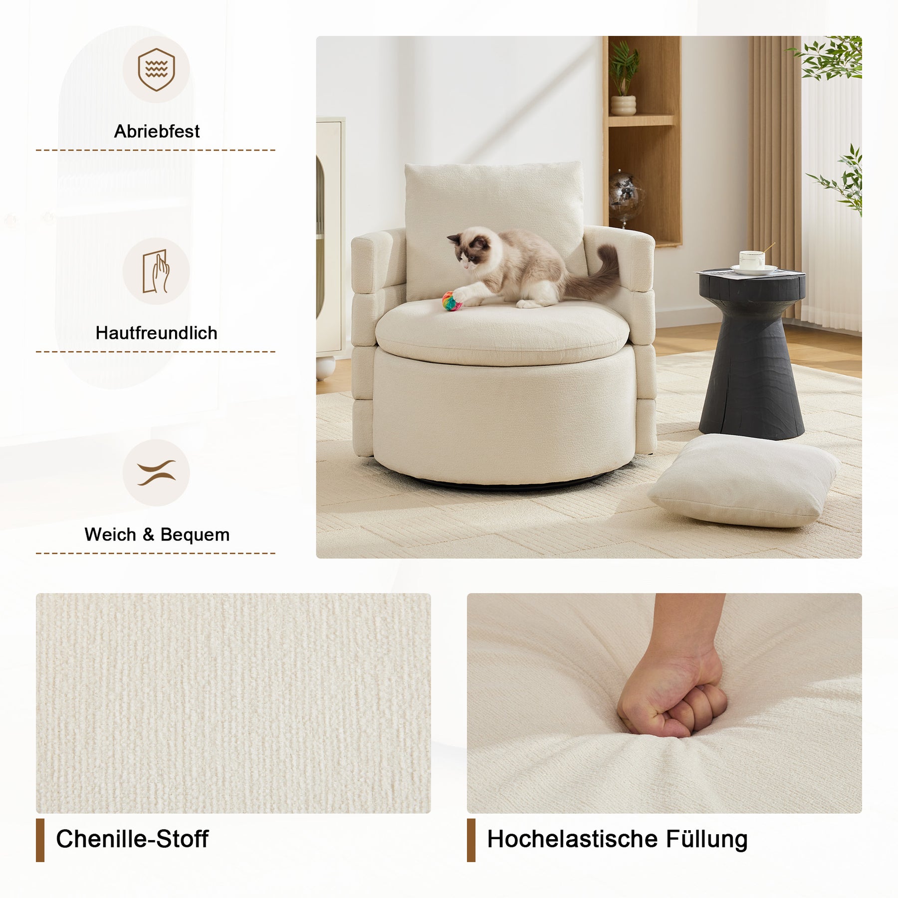 SONNI Drehsessel 360° drehbar mit Stauraum, moderner Chenille Polstersessel mit bequemem Rückenkissen, 72 x 66,5 x 76 cm
