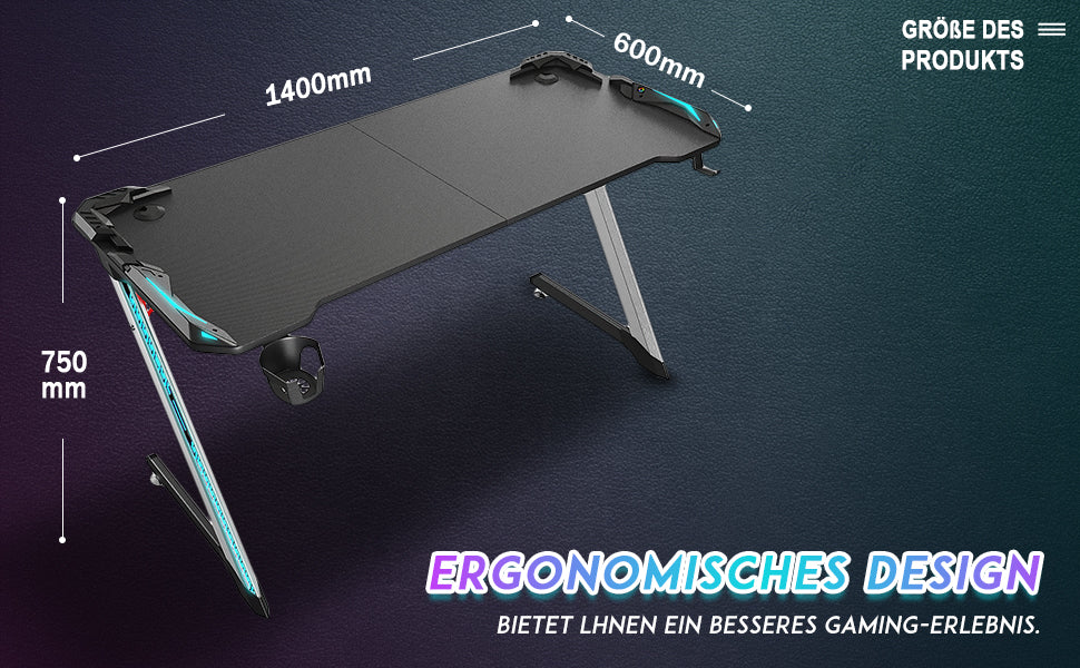 SONNI Gaming Schreibtisch mit LED 120cm Gaming Tisch RGB Gaming Schreibtisch Ergonomischer Tisch Gamer Tisch mit Getränkehalterung und Kopfhörerhaken Schwarz PC Tisch Klein