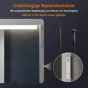 SONNI Badezimmerspiegel mit Beleuchtung, Kosmetikspiegel, Wandspiegel, linearem Lichtstreifen, DREI Farbtemperaturen + stufenloses Dimmen + Steckdose, beschlagfrei, Dual-Touch, Badspiegel - Sonni Sanitär GmbH