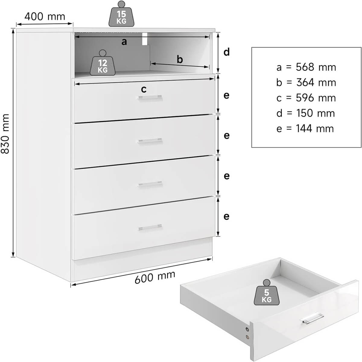 SONNI Kommode, mit 4 Schubladen, 1 offener Schubladen, Weiß Sideboard mit einstellbarem LED, Hochglanz Möbel Schränke