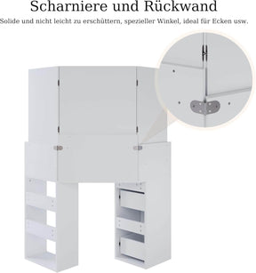 SONNI Eck Schminktisch mit Dreifachspiegel, 111x54x141.5cm, Kosmetiktisch mit Großer Schubladen, Auszugsschrank, Regale, 3 Offene Fächer, Moderner Frisiertisch für Schlafzimmer