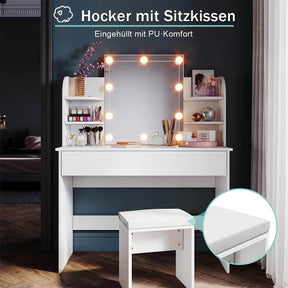 SONNI Schminktisch mit Spiegel und Hocker,4 Ablagen Frisiertisch mit Led Beleuchtung Schubladen 108 x 40 x 140 cm Weiß