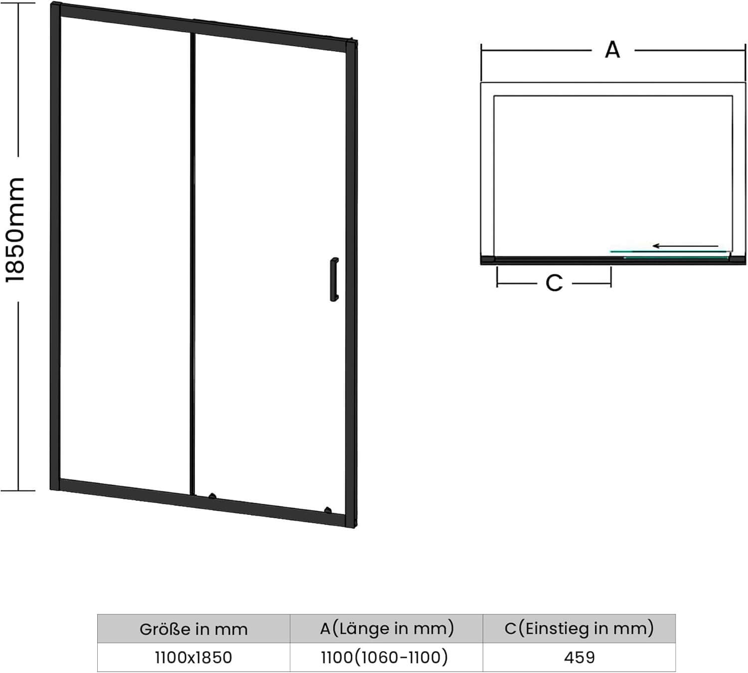 SONNI Duschkabine Duschschiebetür Matt-Schwarz, Verschiedene Größen 100/110/120 cm, ESG Klarglas Dusche Nischentür Einzelschiebetür, Glasschiebetür