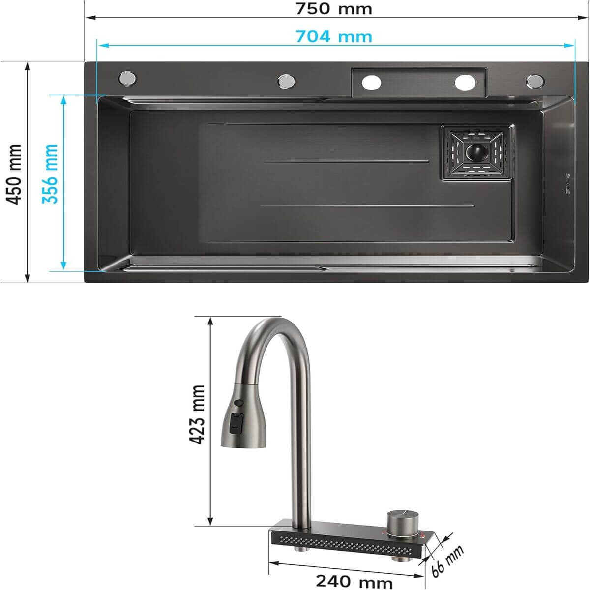 SONNI Spülbecken Einbauspüle Küchenspüle Waschbecken Küche Edelstahl 75/80 x 45 x 23 cm, Waterfall Spüle Küche Schwarz ohne/mit Temperaturanzeige und Abtropffläche - Sonni Sanitär GmbH
