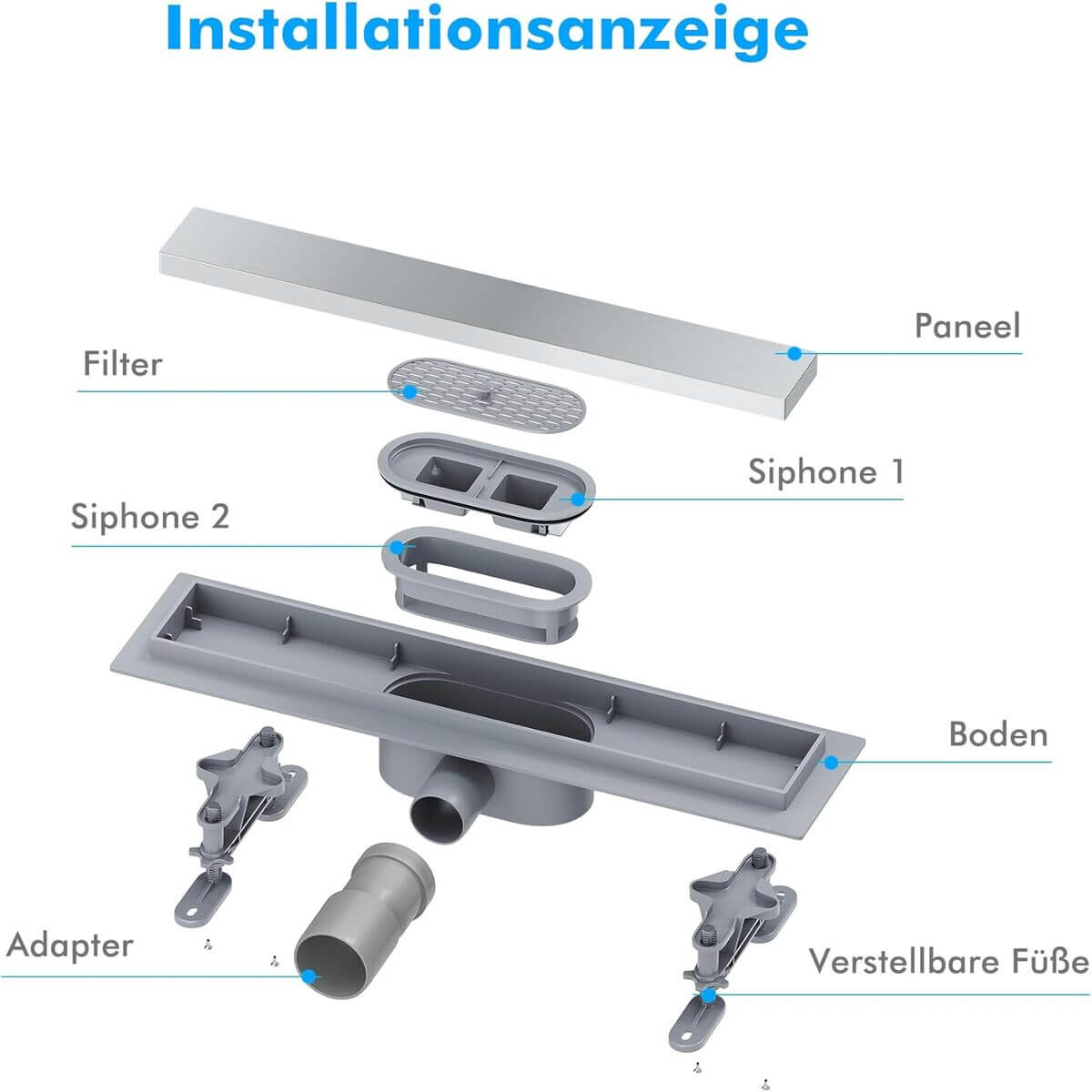 SONNI Duschrinne 40-80 cm, 2 in 1 Edelstahl Ablaufrinne Dusche befliesbar, ABS Basis, 30L Ablaufmenge, mit Geruchsstop, Haarsieb, 8 verstellbare Füße