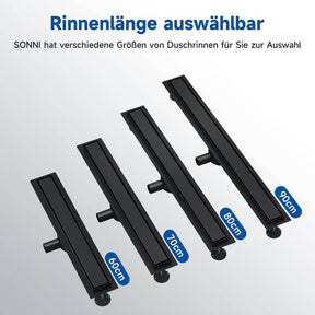 SONNI Duschrinne Komplettset Schwarz Ablauf 360° Drehbar Duschrinne Extra Flach mit Geruchsstop und Haarsieb 2 in 1 Edelstahl Ablaufrinne Dusche befliesbar