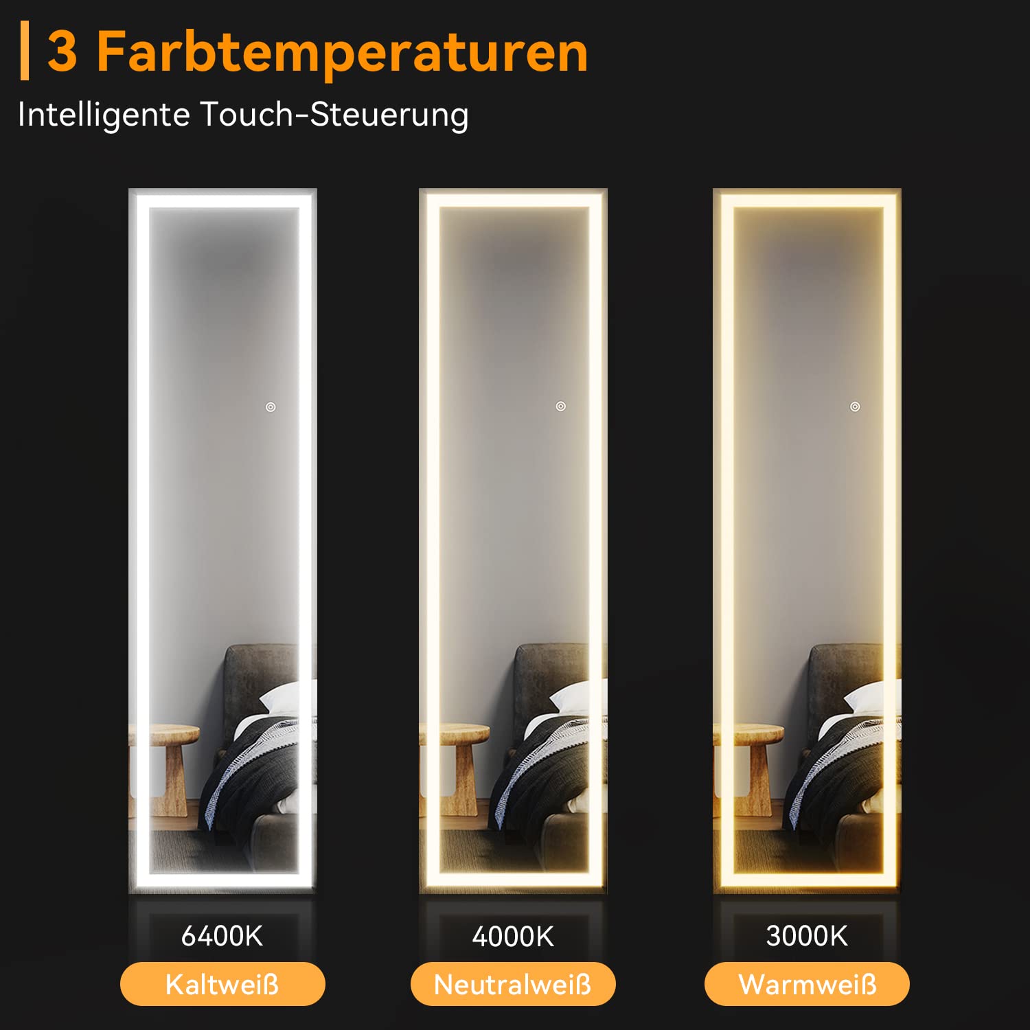 SONNI LED Bodenspiegel, beleuchteter Ganzkörperspiegel mit Touch-Schalter und Einstellbarer 3-Farben Lichtquelle, großer dimmbarer Steh-Kosmetikspiegel für Schlafzimmer 150 x 40 cm