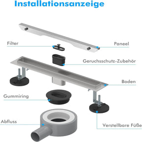 SONNI Edelstahl Duschrinne 30-100cm, Komplettset Ablauf 360° Drehbar, Schlank Schmal 15 mm Platte, mit Geruchsstop, Haarsieb - Randablauf