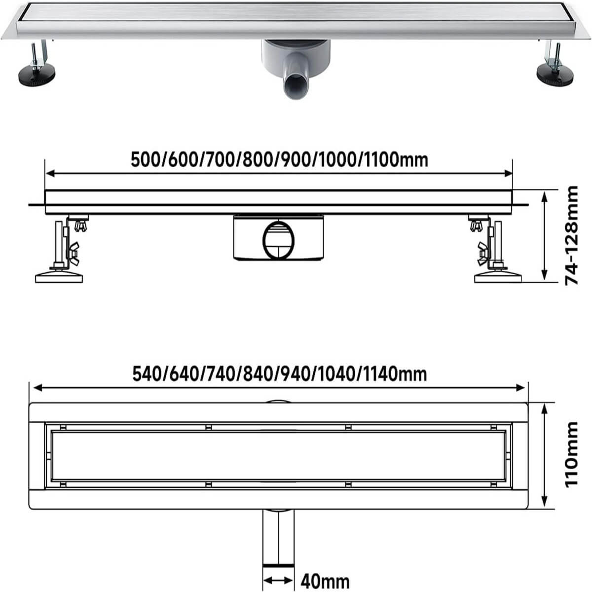 SONNI Duschrinne 110 cm Ablauf 360° Drehbar Duschrinne Extra Flach mit Geruchsstop und Haarsieb 2 in 1 Edelstahl Ablaufrinne Dusche befliesbar