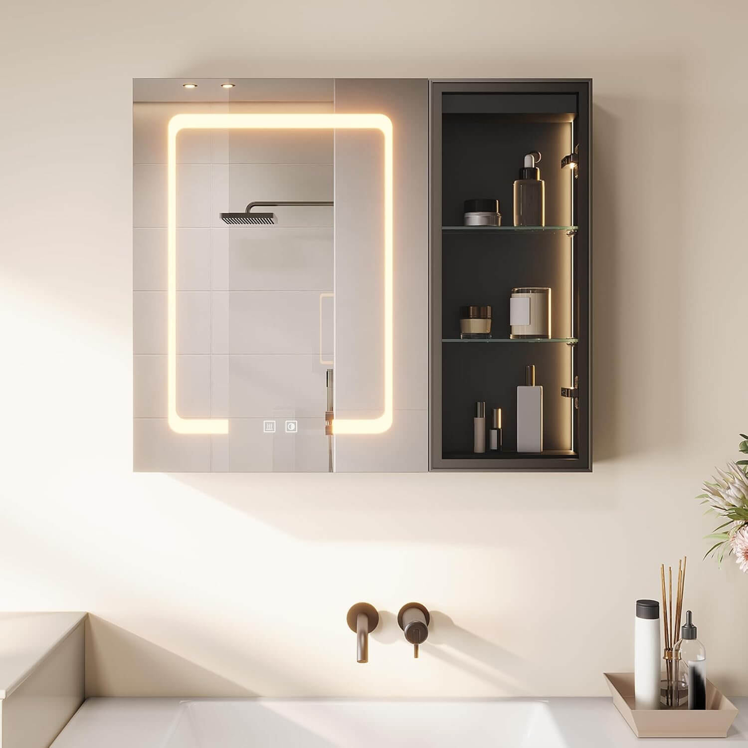 SONNI Spiegelschrank Bad mit Beleuchtung LED Spiegelschrank mit Glasvitrine und Ambientebeleuchtung, Glasboden, Anti-Beschlag, Steckdose, 3 Lichtfarben, Dimmbar, Vollständig Montiert - Sonni Sanitär GmbH