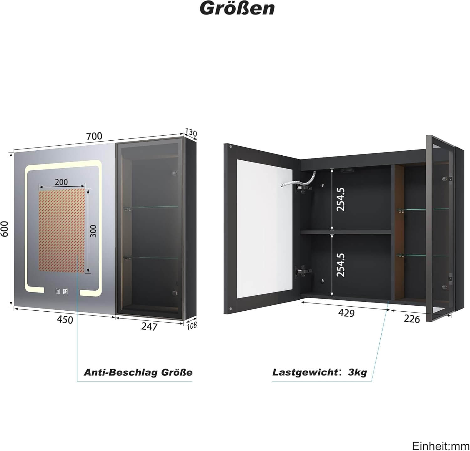 SONNI Spiegelschrank Bad mit Beleuchtung LED Spiegelschrank mit Glasvitrine und Ambientebeleuchtung, Glasboden, Anti-Beschlag, Steckdose, 3 Lichtfarben, Dimmbar, Vollständig Montiert