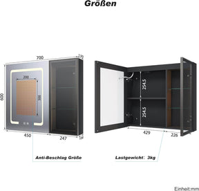 SONNI Spiegelschrank Bad mit Beleuchtung LED Spiegelschrank mit Glasvitrine und Ambientebeleuchtung, Glasboden, Anti-Beschlag, Steckdose, 3 Lichtfarben, Dimmbar, Vollständig Montiert