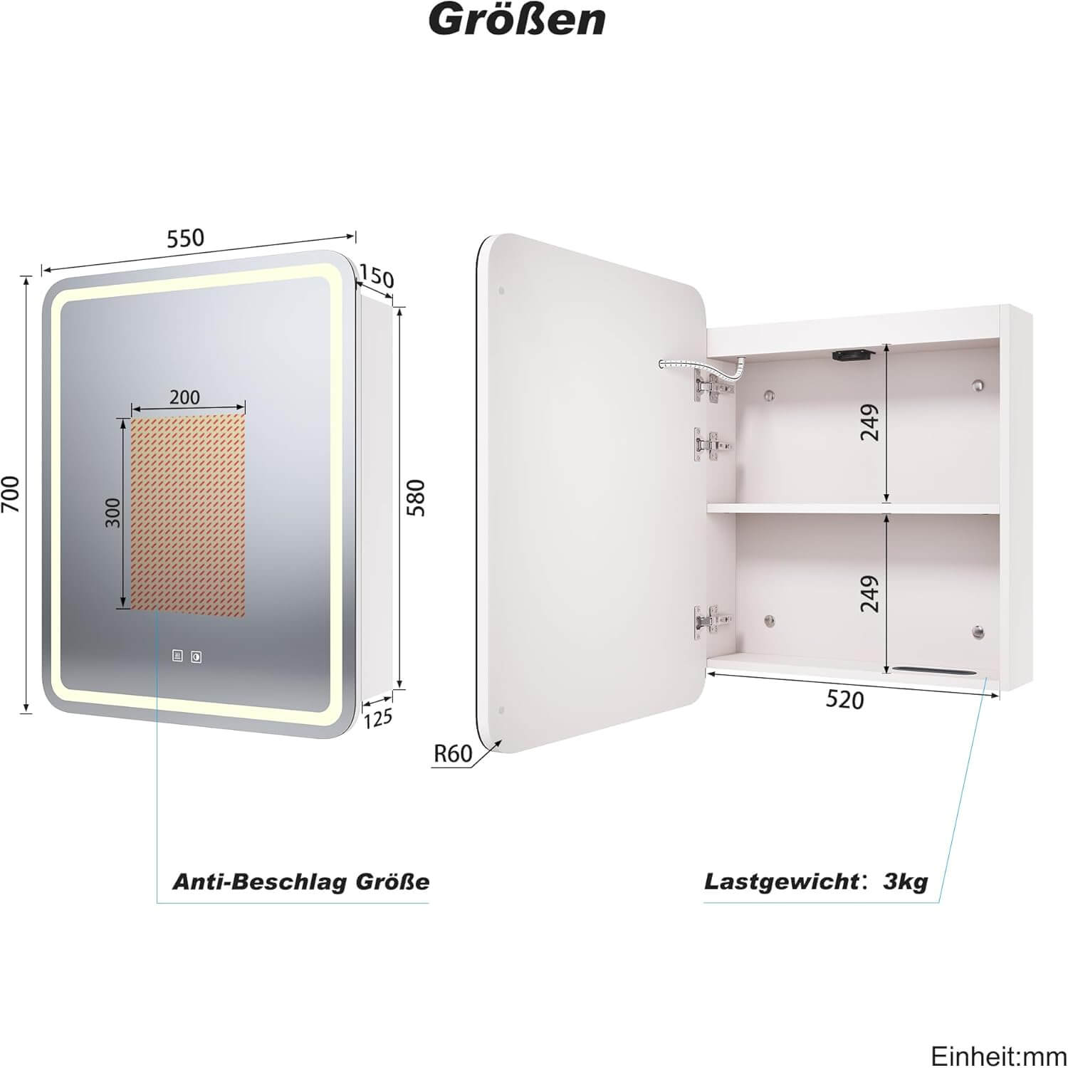SONNI Spiegelschrank mit Beleuchtung 70x 55 cm, LED Spiegelschrank mit Taschentuch-Durchlass, Steckdose, Anti-Beschlag & 3 Lichtfarben, Dimmbar - Holzschrank Beige, Vollständig Montiert - Sonni Sanitär GmbH