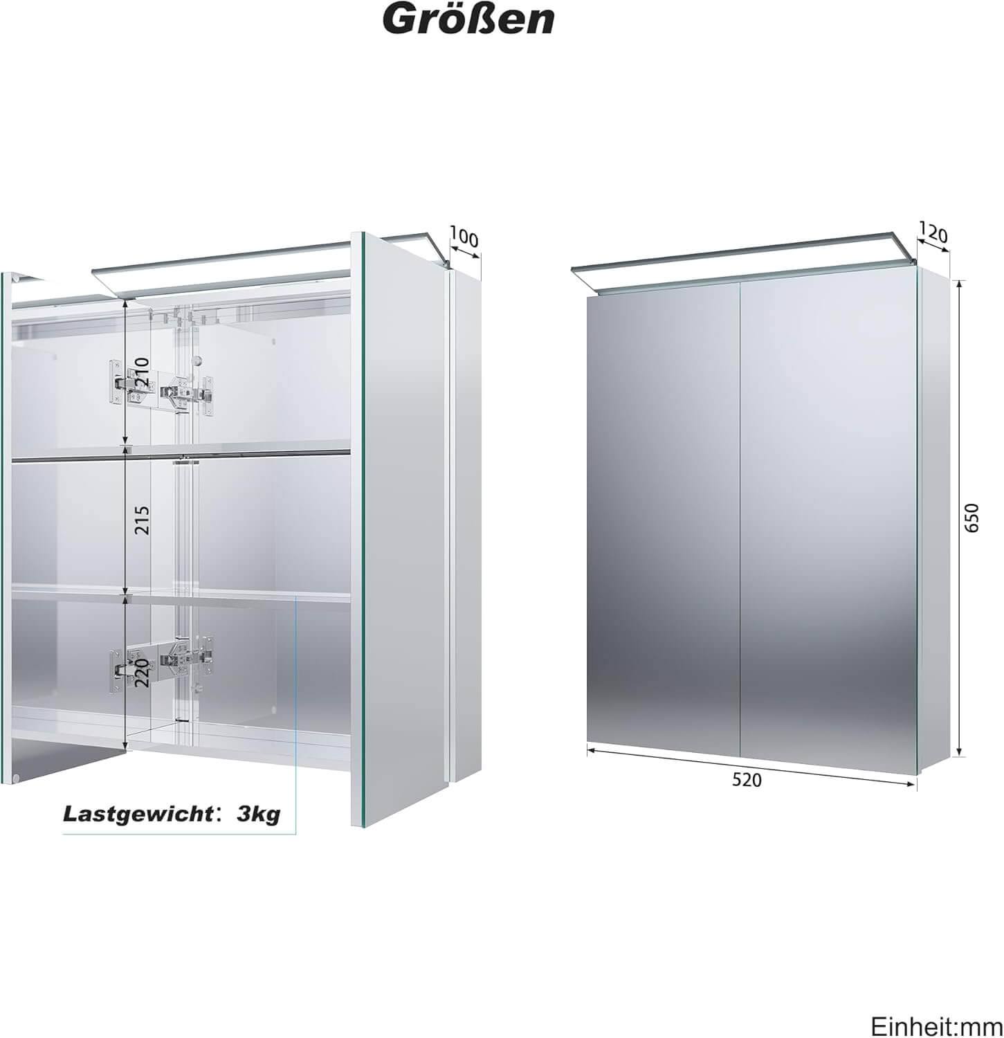 SONNI Spiegelschrank Bad mit Beleuchtung 52 x 65 cm, Edelstahl Medizinschrank IP44 Wasserciht, Spiegelleuchte mit Kaltweißem Licht und Wandschalter für Badezimmer - Sonni Sanitär GmbH