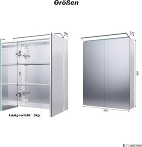 SONNI Spiegelschrank Bad mit Beleuchtung 52 x 65 cm, Edelstahl Medizinschrank IP44 Wasserciht, Spiegelleuchte mit Kaltweißem Licht und Wandschalter für Badezimmer - Sonni Sanitär GmbH