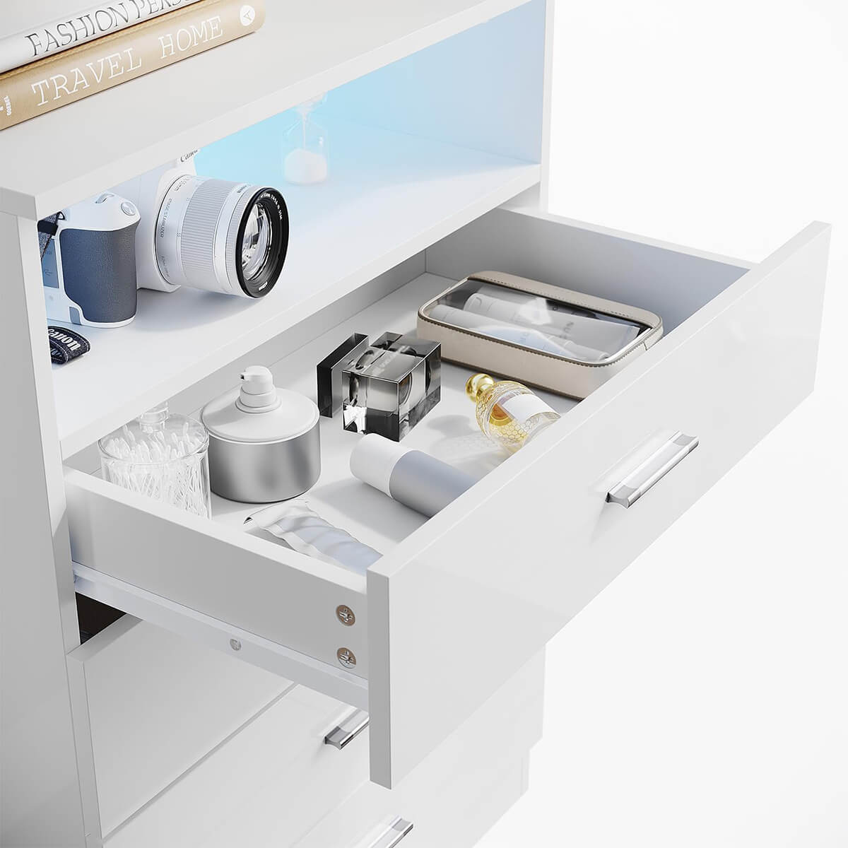 SONNI Kommode, mit 4 Schubladen, 1 offener Schubladen, Weiß Sideboard mit einstellbarem LED, Hochglanz Möbel Schränke - Sonni Sanitär GmbH
