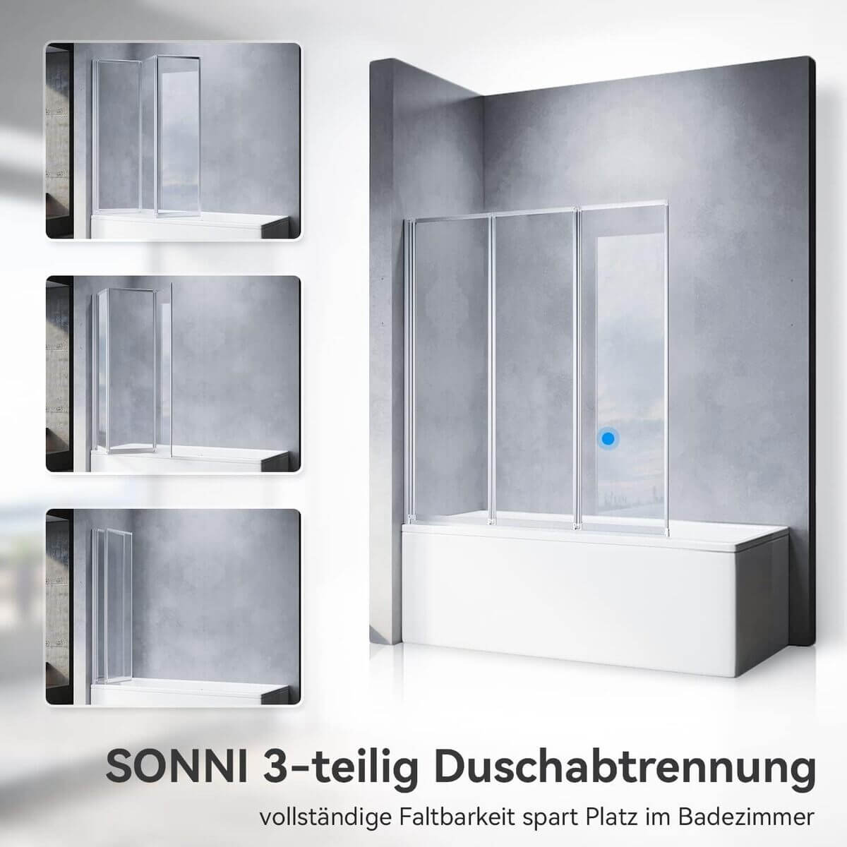 SONNI Duschwand für Badewanne NANO-GLAS Badewannenaufsatz 3-teilig faltbar 130x140 cm(BxH)