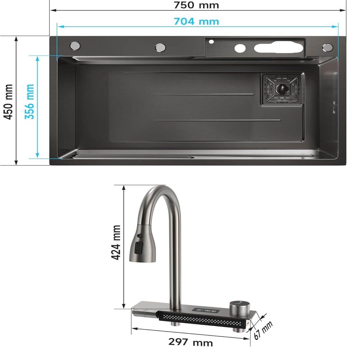 SONNI Spülbecken Einbauspüle Küchenspüle Waschbecken Küche Edelstahl 75/80 x 45 x 23 cm, Waterfall Spüle Küche Schwarz ohne/mit Temperaturanzeige und Abtropffläche - Sonni Sanitär GmbH