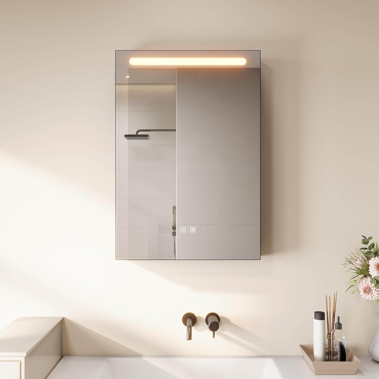 SONNI LED Spiegelschrank mit Make-up Ablage, Anti-Beschlag, Steckdose & Kosmetik-Organizer, 3 Lichtfarben Vollständig Montiert