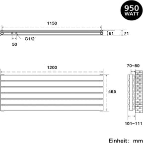 SONNI Design Heizkörper flach horizontal Flachheikörper für Bad Seitenanschluss Badheizkörper 465*1200mm Weiß ohne/mit Mutiblock