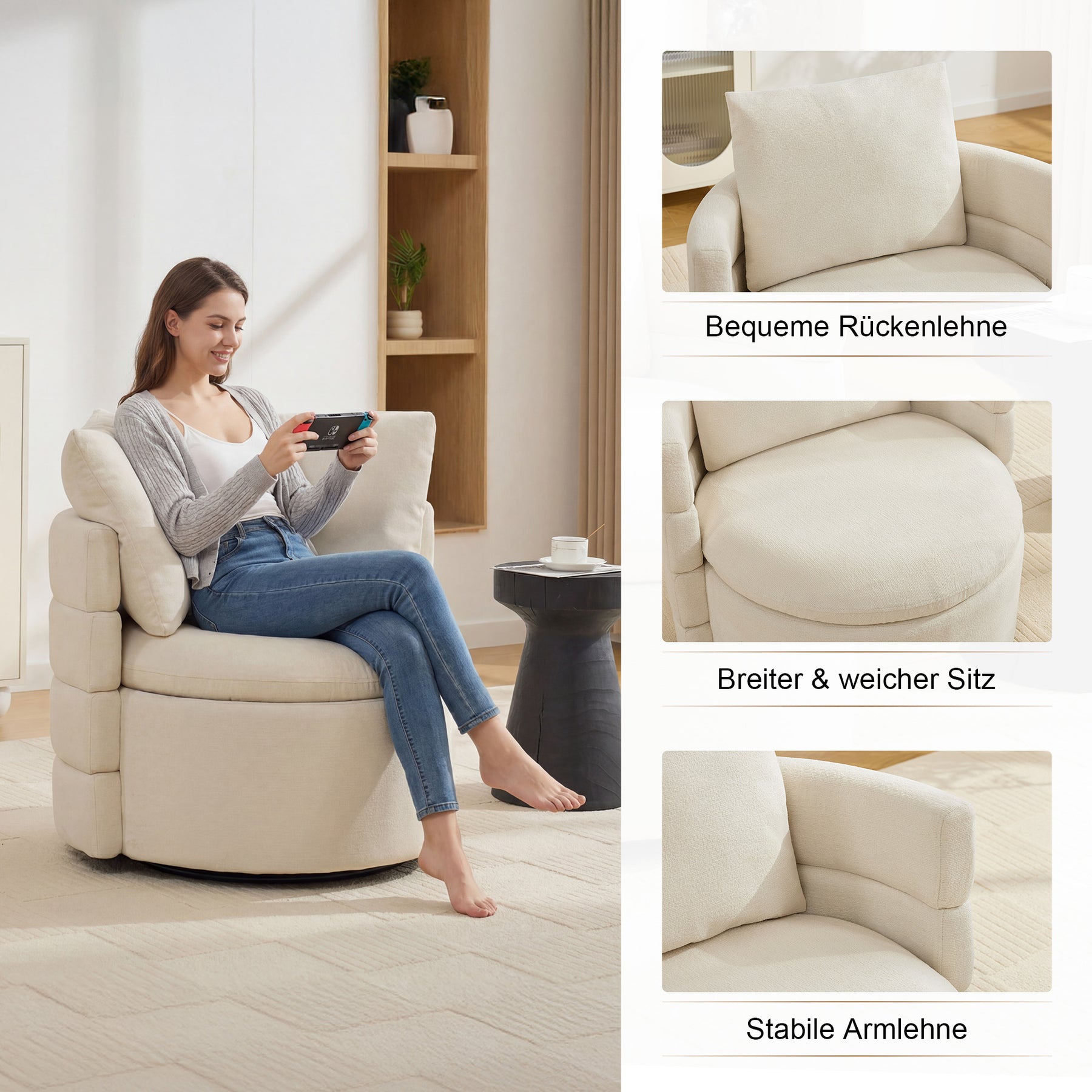 SONNI Drehsessel 360° drehbar mit Stauraum, moderner Chenille Polstersessel mit bequemem Rückenkissen, 72 x 66,5 x 76 cm