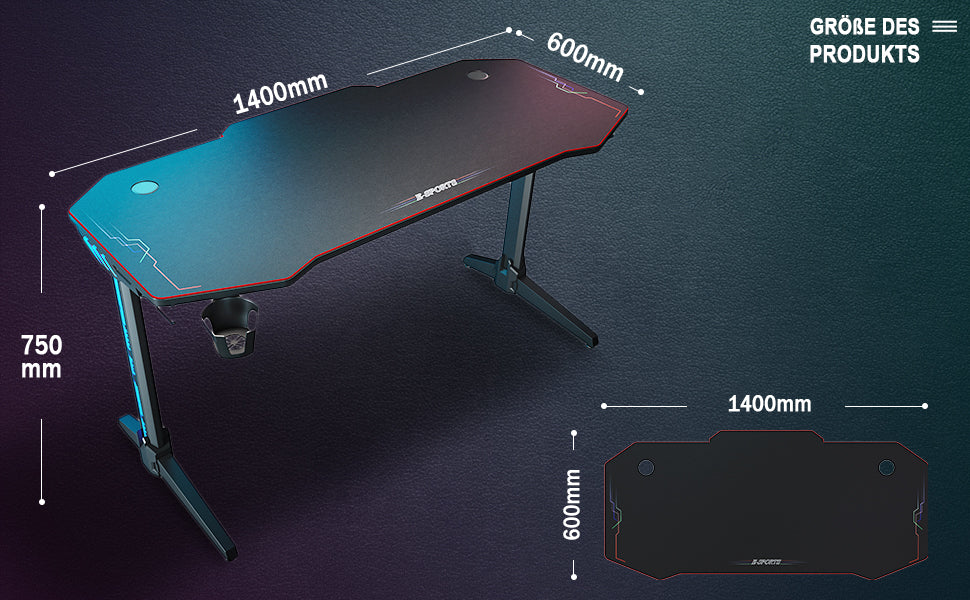 SONNI Gaming Tisch mit LED, RGB Gaming Schreibtisch mit großem Mauspad, Getränkehalter und Kopfhörerhaken, Schwarz 140cm