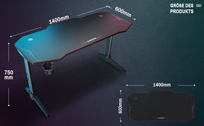 SONNI Gaming Tisch mit LED, RGB Gaming Schreibtisch mit großem Mauspad, Getränkehalter und Kopfhörerhaken, Schwarz 140cm