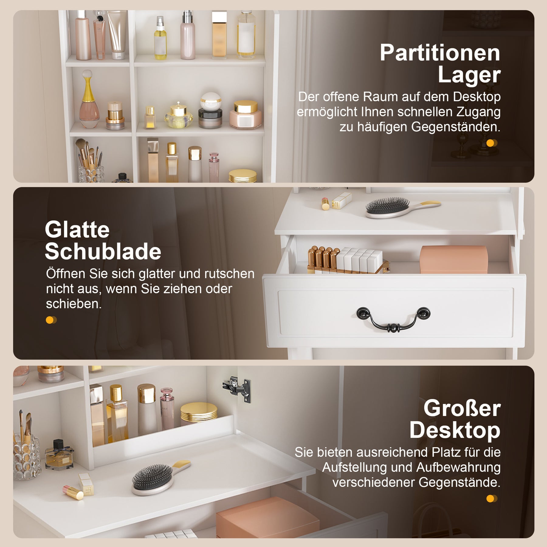 SONNI modernes minimalistisches Schminktisch Set mit dimmbarem LED Spiegel verstecktem Stauraum inkl gepolstertem Hocker Weiß 60× 36×131 cm