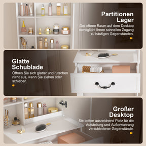 SONNI modernes minimalistisches Schminktisch Set mit dimmbarem LED Spiegel verstecktem Stauraum inkl gepolstertem Hocker Weiß 60× 36×131 cm