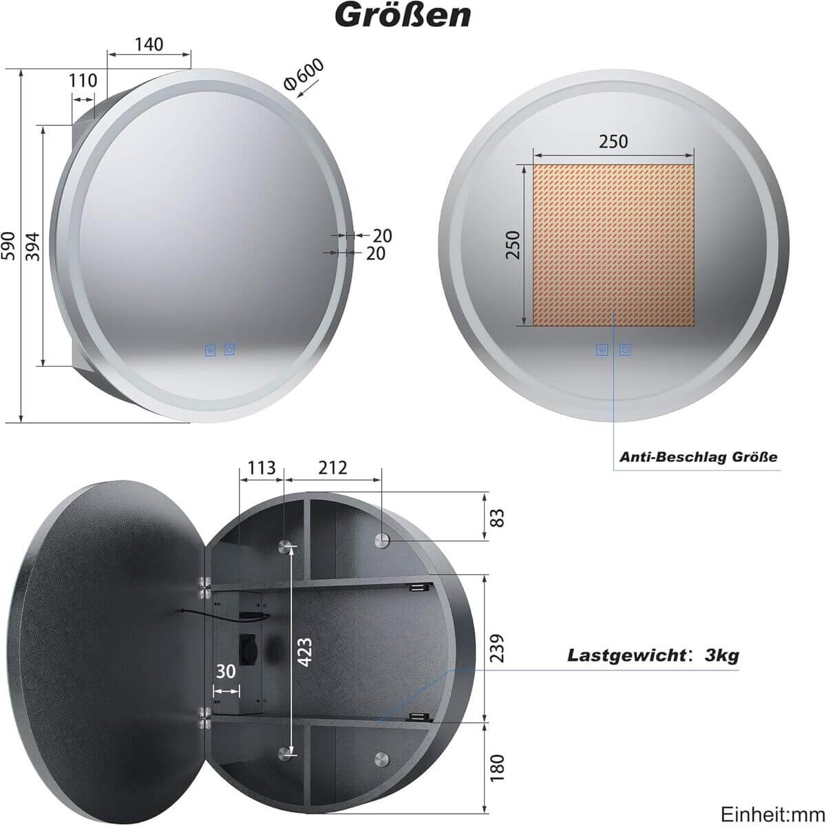 SONNI Badezimmer spiegelschrank mit Beleuchtung 3 einstellbar Lichtfarben Beschlagfrei Rund Spiegelschrank Bad mit Steckdose, Badschrank mit Spiegel und Ablage, Medizinschrank 60cm Dunkelgrau