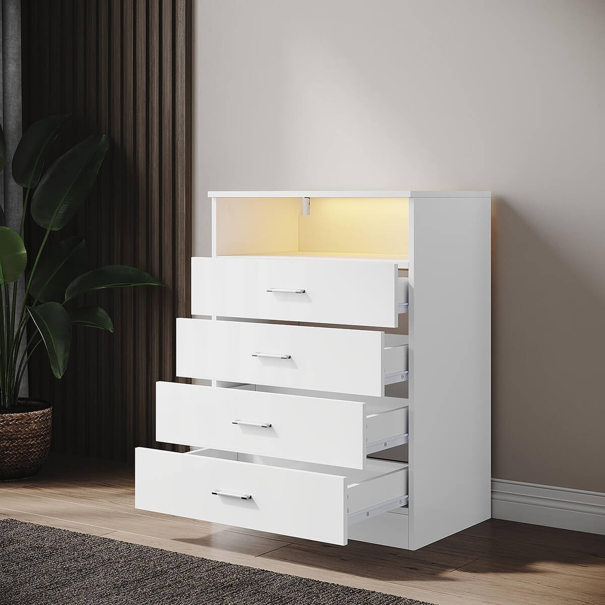 SONNI Kommode, mit 4 Schubladen, 1 offener Schubladen, Weiß Sideboard mit einstellbarem LED, Hochglanz Möbel Schränke