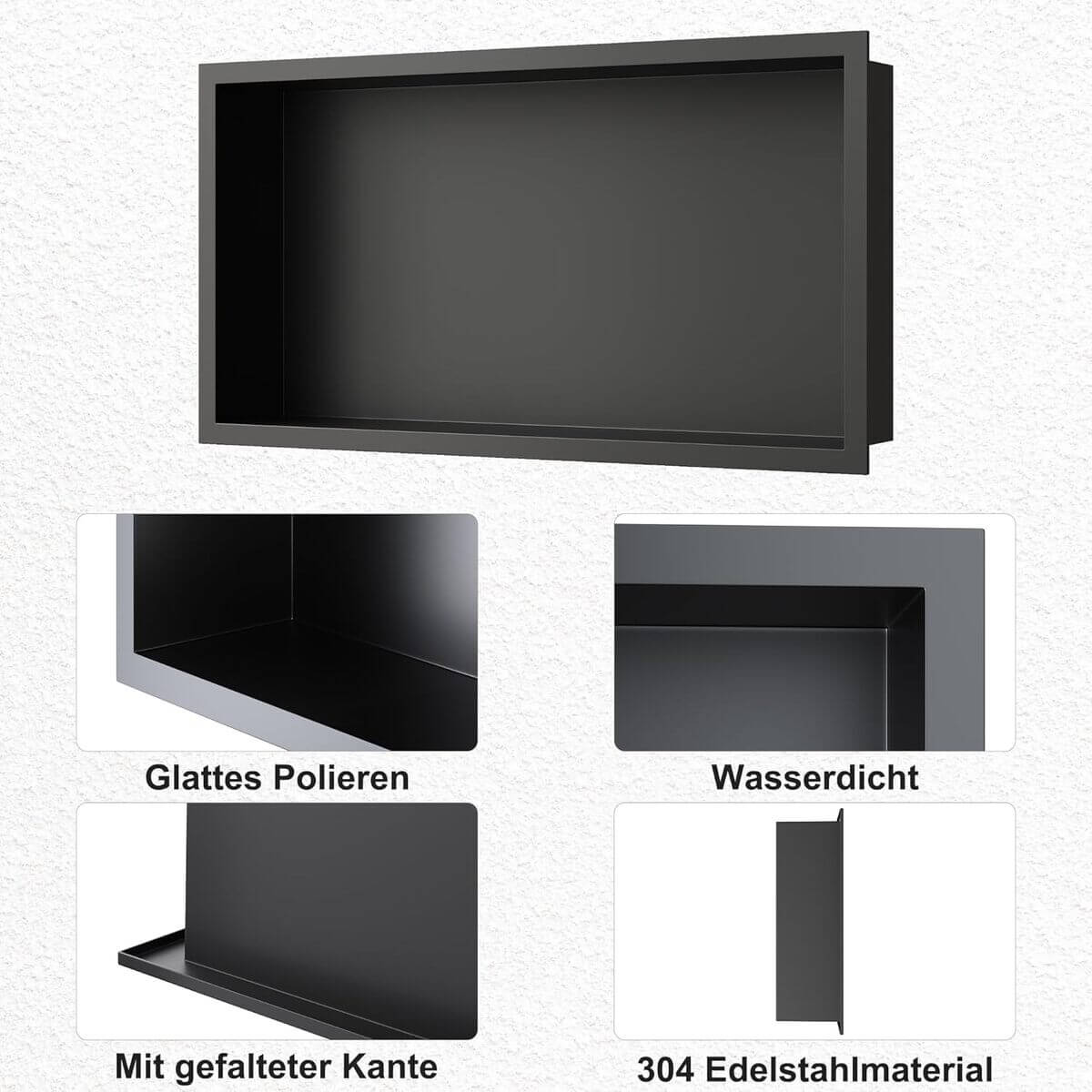 SONNI Wandnische Dusche Edelstahl, eingebettete Duschnische, Einzelregal Lagerung für Badezimmer, Wasserdicht, Keine Fliesen erforderlich Schwarz - Sonni Sanitär GmbH
