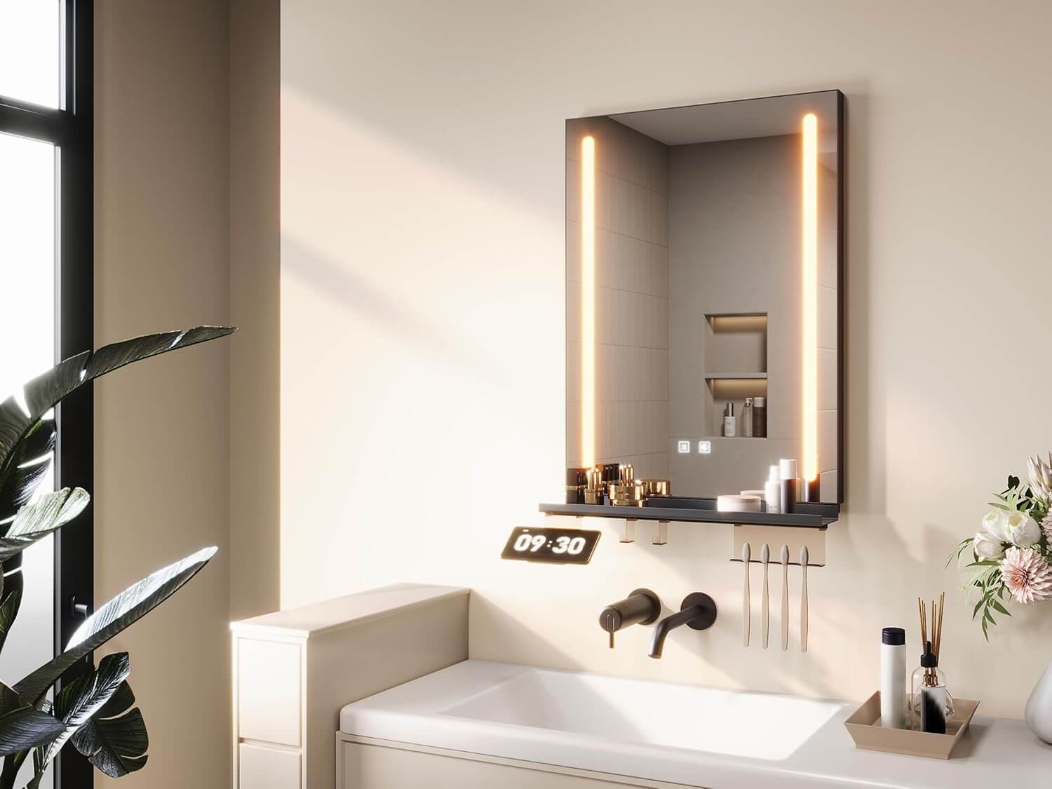 SONNI LED Badspiegel 50x70cm mit Ablage, Touch Badezimmerspiegel 3 Lichtfarben, Anti-Beschlag & Gedächtnisfunktion, Ablage mit Handyhalter + Haken + Zahnbürstenhalter + Becherhalter