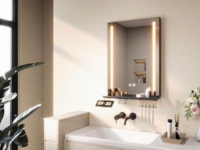 SONNI LED Badspiegel 50x70cm mit Ablage, Touch Badezimmerspiegel 3 Lichtfarben, Anti-Beschlag & Gedächtnisfunktion, Ablage mit Handyhalter + Haken + Zahnbürstenhalter + Becherhalter