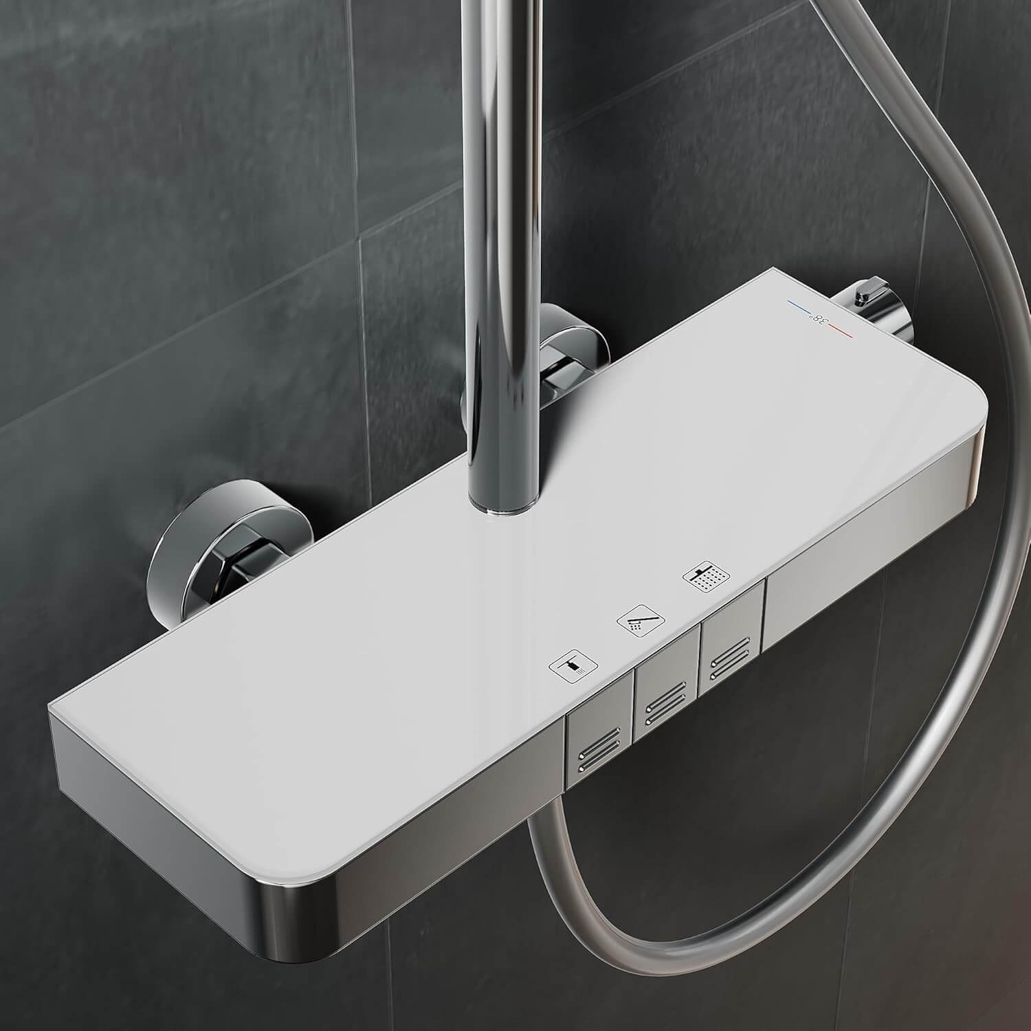 SONNI Duschsystem mit Thermostat (KTW/WRAS) Chrom - 360° Drehbarer Eckiger Kopfbrause (1 Strahlart), Handbrause (3 Strahlarten), Brausestange aus Runde, Duschset, 38°C Konstanttemperatur, Edelstahl - Sonni Sanitär GmbH