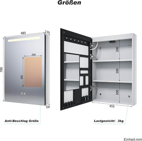 SONNI LED Spiegelschrank mit Make-up Ablage, Anti-Beschlag, Steckdose & Kosmetik-Organizer, 3 Lichtfarben Vollständig Montiert